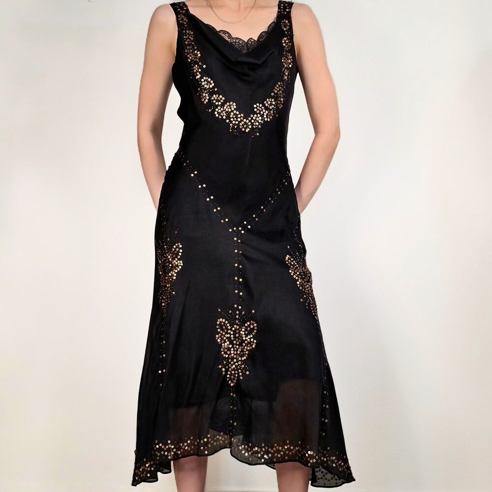 Y2K Black Silk Sequin Midi Dress Cowl Neck Beaded Evening Party Formal 4P